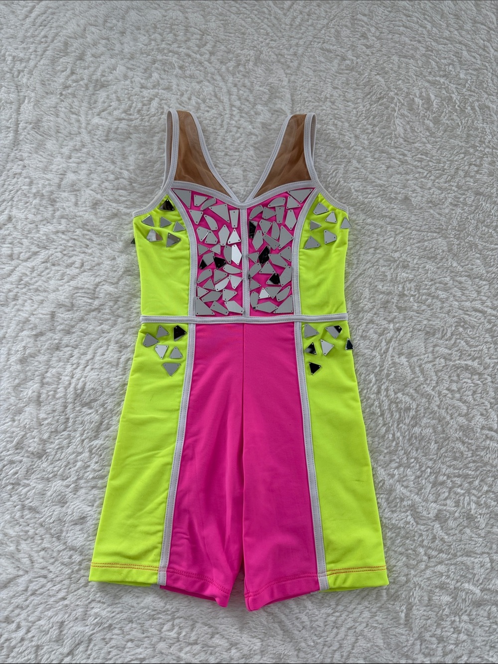 Neon Pink & Yellow Kids Dance Costume - Mirrored Detail